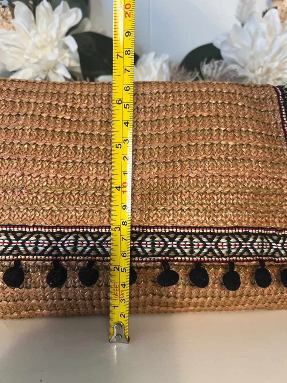Woven Straw Clutch with Black Pom Pom Trim - Picture 4 of 8